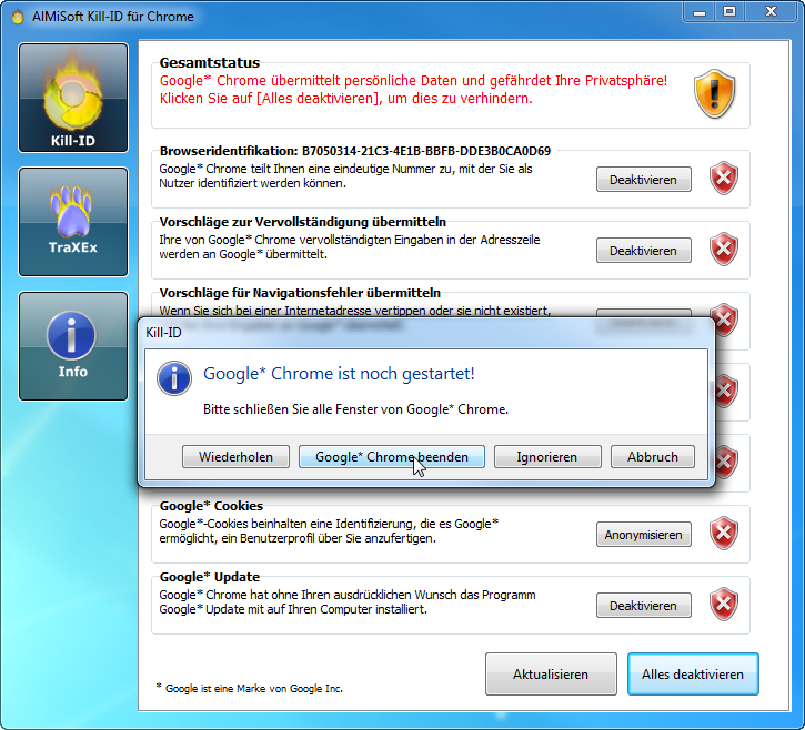 Aktives Google™ Chrome wird erkannt